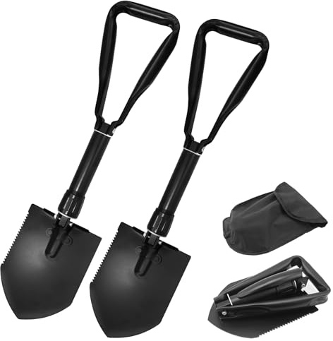 Folding Camping Shovel 2 Pack – Heavy Duty Carbon Steel Survival Shovels, 3-in-1 Tactical Military Shovel with Pick & Hoe, Portable Collapsible Shovel for Camping, Car, Hiking, Off-Road, Black