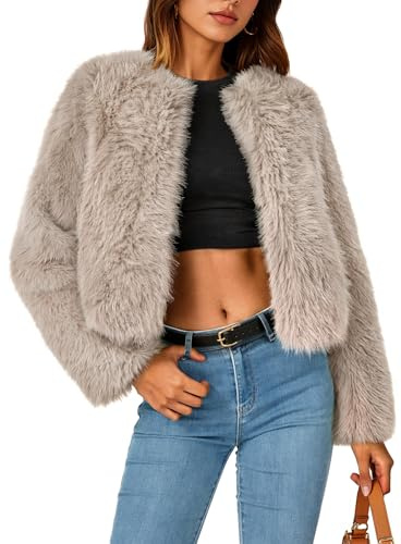 ZESICA Women's 2026 Winter Faux Fur Coats Fluffy Cropped Jacket Long Sleeve Shaggy Outerwear Fall Clothes with Pockets,Oats,Small