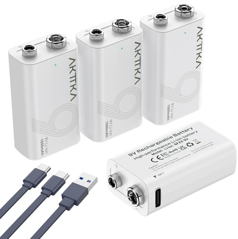 AKTTKA Lot de 4 Piles Rechargeables au Lithium 9V (1000mAh), avec Câble de Charge de Type C, Particulièrement Adaptées Aux Multimètres Portables, Aux Détecteurs de Métaux et Aux Testeurs de Ligne