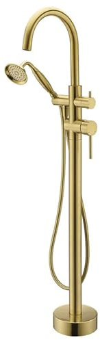 BiaoTeng Freistehende Wannenarmatur Gold Gebürstet 360° Drehbar Warm und Kalt Badewannenarmatur Bodenmontage Armatur Badewanne mit Handbrause Messing