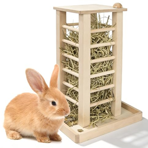 Heno Conejo, 36 x 24 x 24 cm, comedero para heno, diseño multiusos para heno, cobayas de madera natural, accesorios para conejos, cobayas, conejos, hámsteres, ratones, ratas
