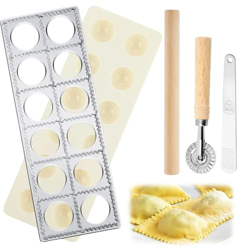 LOMUG Ravioli Maker Ravioli Former Für 12 Teigtaschen gleichzeitig, 5-tlg Ravioli- & Maultaschenbrett, Rund Ravioli-Maker aus Aluminium mit Nudelholz, Teigtaschenrad Former, Fleischspatel Raviolibrett