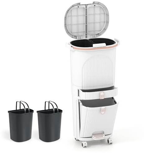 COSTWAY 42 L（12+12+14+4 L） Pattumiera Differenziata, Secchio Spazzatura a 3 Scomparti con Cassetto e Coperchi, 2 Secchi Rimovibili Pedale e Ruote, Bidoni Differenziata per Bagno Cucina Ufficio