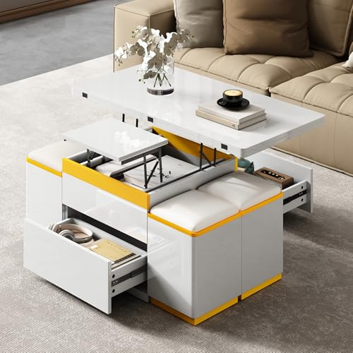 BTM Table Basse Moderne Blanche laquée, d'appoint élégante, multifonctionnelle, réglable en Hauteur, à Manger/Meuble de Salon Pliable, 100 x 50 x 43 cm (L x l x H)