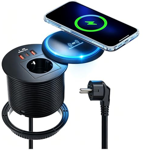 80mm Einbausteckdose Schwarz mit 15W Kabellosem Lade & PD 20W USB A+ C, Versenkbare Steckdose mit Deckel und USB, Versenkbare Tischsteckdose 2m Kabel Einbausteckdose für Küchenarbeitsplatte Büro