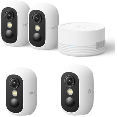eufy Security Camera Outdoor Wireless,eufyCam C35 4 Pack with HomeBase Mini,Colour Night Vision,Indoor Camera,Magnetic Mount,Subscription-Free On-Device Storage,IP67,Facial Recognition,Work With Alexa