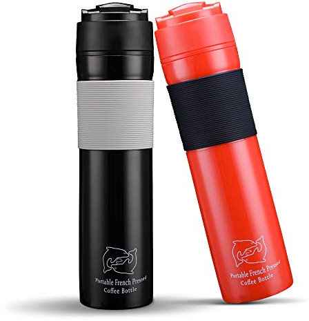 BRBHOM Set of 2 Portable Travel French Press Coffee Mug and Tea Black Red for Couple(Black/Red)