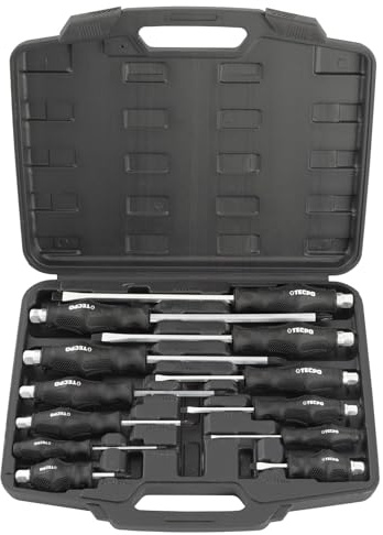TECPO Schraubendreher Set 12-teilig, magnetisch Schraubenzieher Satz mit Kreuzschlitz, Schlitz und Pozidriv Spitze aus Chrom-Vanadium-Stahl - Zum Befestigen und Lösen von Schrauben