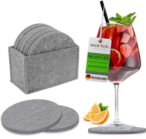 wortek Lot de 10 dessous de verre ronds en feutre pour verres - Avec boîte de rangement - Dessous de verre pour boissons, tasses, bar, verre - Diamètre : 10 cm - Gris