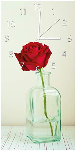 Wallario Design-Wanduhr Rote Rose in Glasvase aus Glas, Motiv-Uhr Größe 30 x 60 cm, weiße Zeiger
