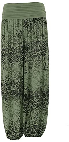 TEXTURE Ladies Womens Italian Lagenlook Floral Print Viscose Boho Harem Ali Baba Trouser Pants Joggers One Size (Khaki, One Size)
