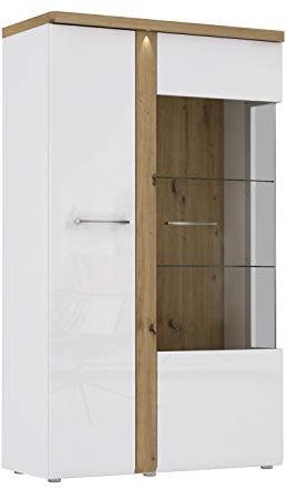 FORTE Tuluza Vitrine mit 1 Tür und 1 Glastür, Holzwerkstoff, Weiß kombiniert mit Artisan Eiche und Weiß Glanz, 98,5 x 164 x 43,2 cm