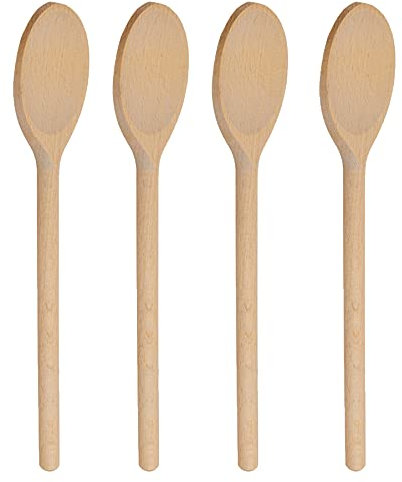 12 Inch (30cm) Long Wooden Spoon Set by BICB | Natural Beechwood Mixing Spoons for Baking, Cooking & Stirring | Set of 4 Long Wooden Spoons | Cookware Sauce Spoons | Wood Mixing Spoon Set