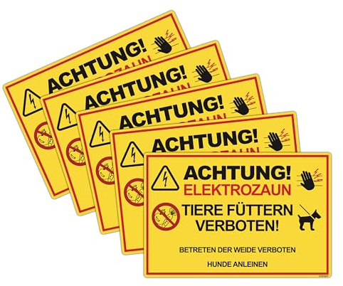 STROBO 5 Stück Achtung Elektrozaun! Tiere füttern und Betreten verboten! Hinweisschild | Stabile 3mm Hartschaumplatte als 30x20cm Schild mit UV-Schutz für den Außenbereich