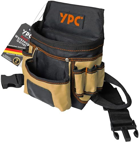 YPC Presto Werkzeug Gürteltasche XL – Werkzeuggürtel, Arbeitsgürtel, wasserfeste Werkzeugtasche mit Hammerschlaufe, reißfester Nylongürtel, 12 Taschen, Sand-Schwarz, 27x21x13cm – 5 kg Tragkraft