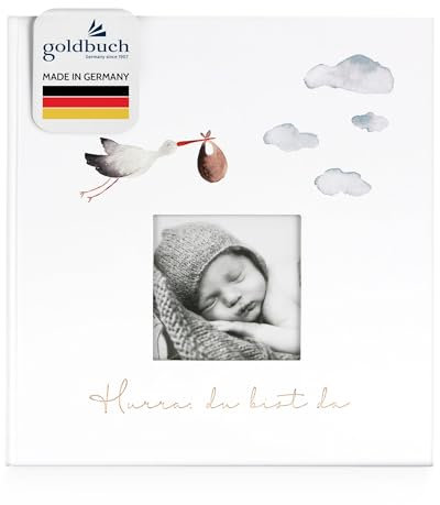 goldbuch 15 474 Babyalbum Hurra - Du bist da!, Babybuch 30 x 31 x 4 cm, Foto Album, 58 weiße Blankoseiten, 4 illustrierte Seiten, Einband aus Kunstdruck mit Goldprägung, Unisex, Fotobuch Weiß