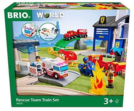 BRIO World 36025 Polizei und Feuerwehr Set Deluxe - Großes Rettungskräfte-Set mit Polizeistation, Feuerwehrzug, Löschhubschrauber und Krankenwagen - Empfohlen für Kinder ab 3 Jahren
