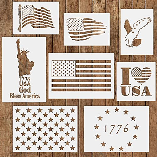 Schablonen mit amerikanischer Flagge, 8 Stück, USA-Flagge, Stern, Freiheitsstatue Adler, 1776, Kunststoff, Malschablone, Zeichnen, Airbrush-Vorlagen für Holz, Stoff, Papier, Scrapbook, Kunsthandwerk