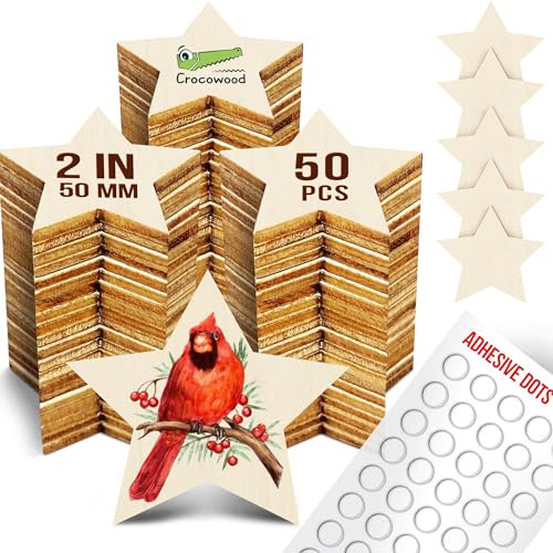 50 PZ Stelle in Legno con Punti Adesivi - 5cm Stella di Legno per Decorazioni Albero di Natale, per Fai Da Te & Decorazione - Stelline in Legno per Matrimoni, Feste & Artigianato