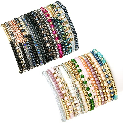 SROBENZ 35Pcs Delicate Boho Beaded Bracelets Multi Layer Versatile Statement Bracelets Stackable stretch Cuff Sparkly Glass Crystal Beads bracelets