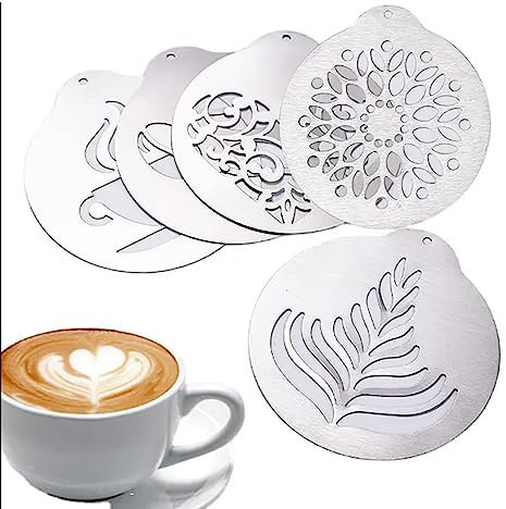 Wilsonzin Kaffeeschablonen aus Edelstahl Kaffee-Dekorationsschablone Cappuccino Schablonen Edelstahl Dekorierschablonen-Set Coffee drawing mold für Kaffee Puderzucker, Salz, Kakao (5 Stück)