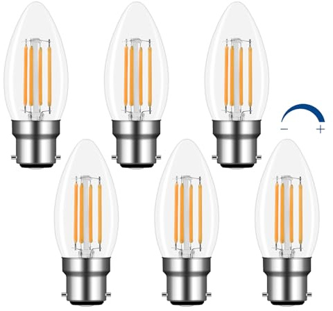 Akynite B22 Large Bayonet LED Candle Bulbs 4W Dimmable Warm White 2700K, 400LM, Equivalent B22 40W, AC 220V, C35 BC Bayonet Cap Candle Light Bulb for Chandelier, 6pcs