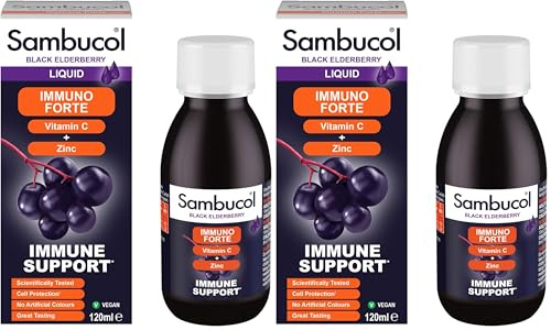 Sambucol Natural Black Elderberry Immuno Forte, Vitamin C, Zinc, Immune Support Supplement Liquid, Syrup, 120 ml (Pack of 2)