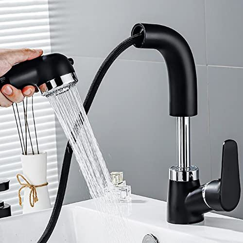 Badarmatur mit ausziehbarer Brause, Messing, heißes und kaltes Wasser, Dual-Mode-Düse, Multifunktions-Waschtischarmaturen, weiß (Color : Chrome)