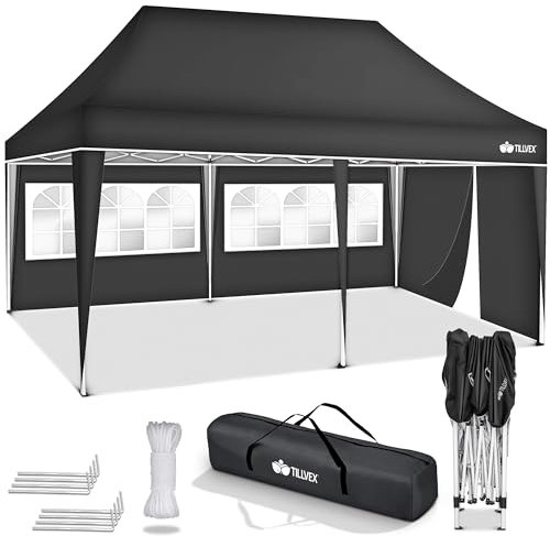 tillvex Pavillon 3x6m wasserdicht | Pop-Up Faltpavillon höhenverstellbar | Gartenzelt UV Schutz 50+ | Partyzelt mit Tasche für Garten (Anthrazit - mit 3 Seitenteilen)