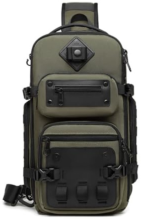 FANDARE Taktisch Brusttasche für Herren Bauchtasche Schultertasche Crossbody Sling Bag mit Stativhalterung Umhängetaschen Verstellbare Schultergurte für Wandern Reisen Crossover Daypacks Armeegrün