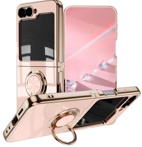 BORYA Stötsäkert fodral till Samsung Galaxy Z Flip6 (flip 6), ultratunt mjukt premium TPU-stötfångare silkeslent silikonskydd med elegant galvaniserande penh 360° ringstativ, ljusrosa