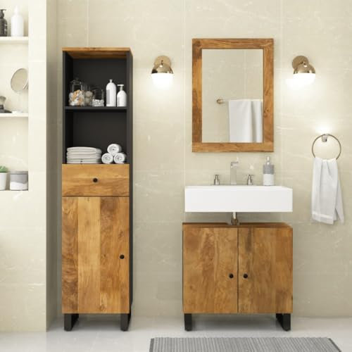Iiaky Set Mobili da Bagno 3pz in Legno Massello di Mango,Set Mobili Bagno da con Lavabo,Mobiletto Bagno,Colonna Bagno e Specchiera in Legno