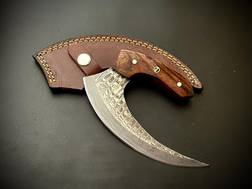 Jayger Handmade Alaskan Ulu Chef Knife with Leather Sheath | Damascus Steel Blade | Wood Handle | Sharp Curved Blade | Ergonomic Wood Handle | Perfect for Chopping, Slicing & Outdoor Use