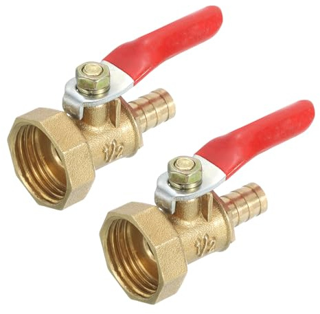 sourcing map 2Pcs Brass Water Mini Ball Valve Shut Off Switch, G1/2 Female x 5/16 Hose Barb, 180 Degree Operation Handle, Brass Valve