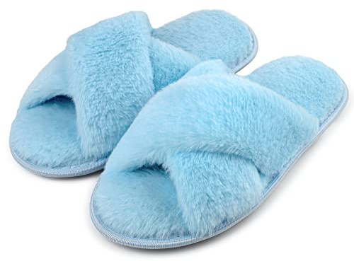 riemot Fluffy Slippers for Women, Open Toe Faux Fur Cross Band House Slippers, Soft Cosy Ladies Slippers with Textured TPR Sole for Bedroom and Home, Blue UK 5/6
