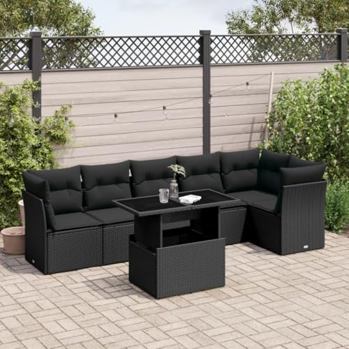 IKAYAA Rattan Gartenmöbel Set Polyrattan Lounge Gartenlounge Outdoor Balkon Lounge Gartengarnitur Sitzgruppe für Garten Terrasse und Balkon -Schwarz-7-tlg