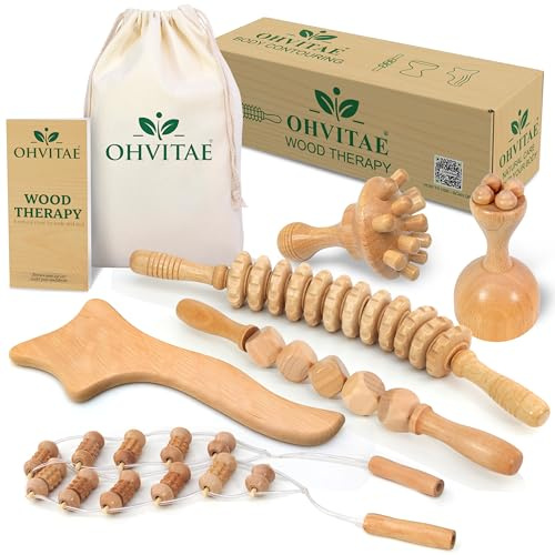 OHVITAE Maderotherapie Holz Set 6 Teilig – Massage Set Holz für Lymphdrainage, Cellulite Massage & Faszienmassage, mit Aufbewahrungsbeutel & QR Anleitung für Beine, Bauch, Rücken und Gesäß