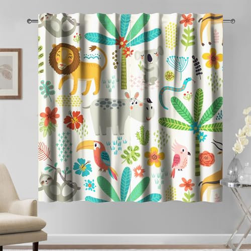 Kzzfqxb Cortinas para niños de 107x160cm 2 Paneles, Animales del Bosque Tropical, árboles Flores pájaros Hierbas Cactus Dibujos Animados para Dormitorio Infantil, niñas y bebés