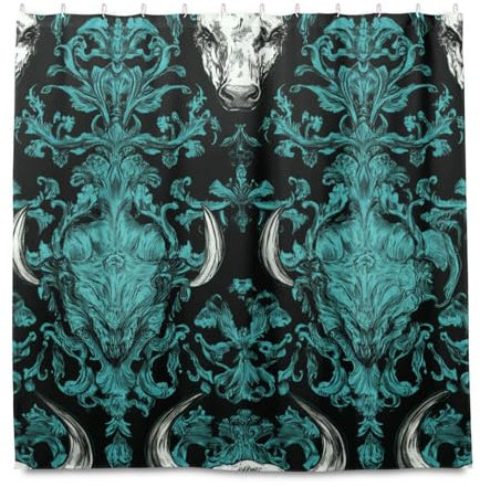 miaozhen Tenda da doccia stampata impermeabile con gancio, 182 x 183 cm, motivo mucche e fiori verde scuro, in poliestere, lavabile, per vasca da doccia ganchos para cortinas de ba?o