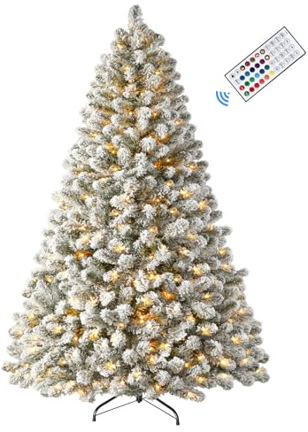 SHareconn 150 cm Arbol de Navidad Nevado Artificial con Luces Led con Control Remoto, 250 Luces Blancas Cálidas & RGB Multicolores y 106 Modos de luz, Soporte de Metal Plegable, Montaje Rápido