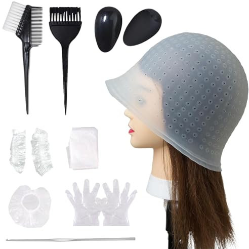 11Pcs Highlight Kit Silicone Highlight Cap Kit with Hair Coloring Brushes and Needle for Salon Silicone Hairdressing Tools for Women Men