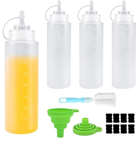 ZYETGH 360ml Quetschflasche, 4 Stück Squeeze Flasche Saucenflasche mit Kappen und Trichter Dosierflasche für Ketchup Heiße Soßen Grill Salatsaucen Malen Olivenöl