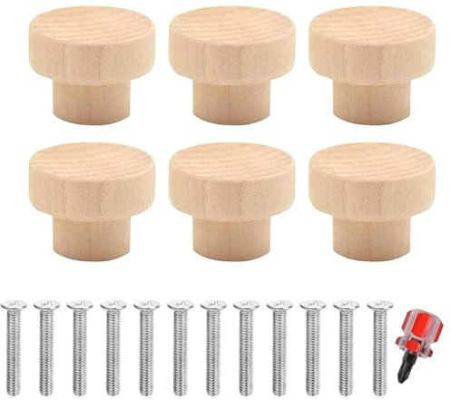 GQunit 6 Stück Möbelknöpfe holz, Holz Tür Schubladengriffe, Knäufe für Schränke und Schubladen, Schrankknöpfe Mit Schrauben, Holzknöpfe für kommode, möbel, 35 x 26 mm