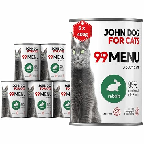 Katzennassfutter ohne Zucker und Getreide - Kaninchen & Huhn - Katzenfutter Nass mit 99% Fleischanteil - Nassfutter mit 100% frischen Zutaten für ausgewachsene Katzen - JD for Cats 99 MENU - 400g x 6