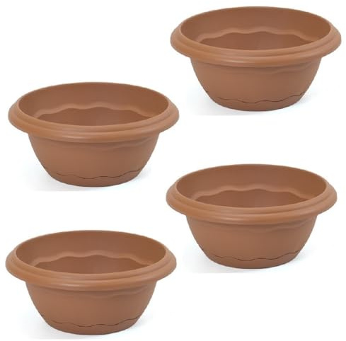pcmoviles – Pack de 4 Macetas Bajas de Centro de 26 cm con Plato | Macetas de Plástico Resistentes para Cactus y Suculentas | Maceta Redonda con Plato Incluido Color Terracota