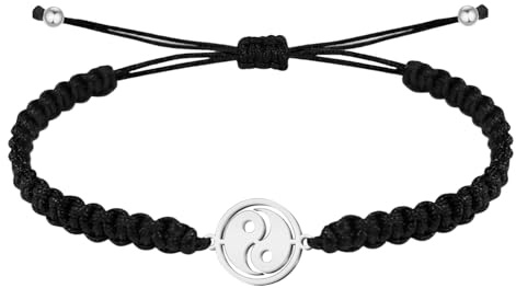 cotigo Pulsera Hilo Destino con Simbolos de acero inoxidable, amuletos de proteccion y suerte, Amuletos contra el mal de ojo - Pulsera Mujer/Pulsera Hombre (YING YANG NEGRO)