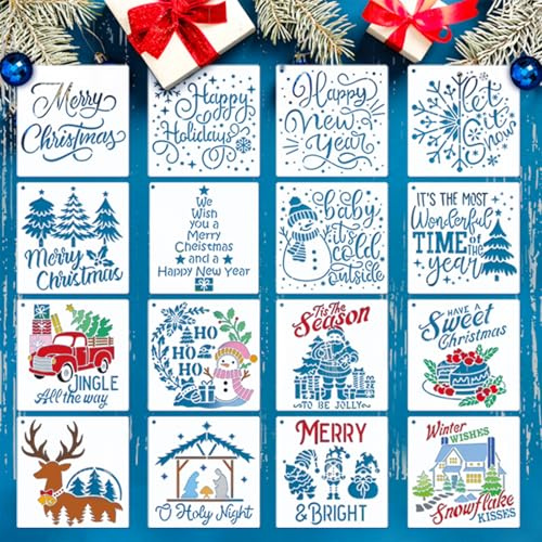Juego de 16 plantillas de Navidad reutilizables en color con motivos como copos de nieve de Papá Noel y saludos de Año Nuevo, para decoración de tarjetas y ventanas