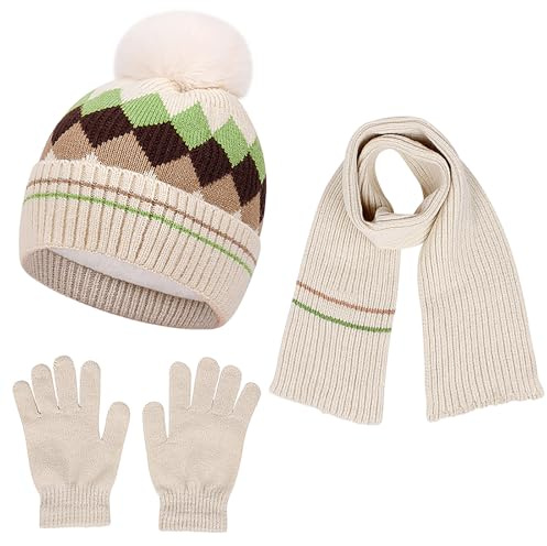 Stickad vintermössa halsduk handskar 3 i 1, mjukt foder tofs stickad mössa varm stickad halsvärmare stretchiga handskar för pojkar och flickor 2 till 8 år skidor utomhusaktiviteter, Z_beige, Ett
