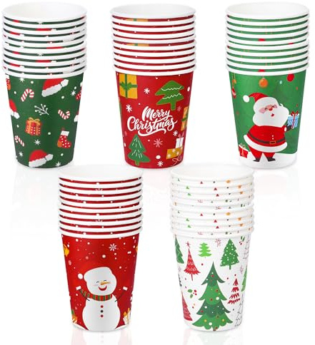 Vivantia 50 Pieces Christmas Party Paper Cups 9oz Festive Disposable Paper Cups, 5 Designs Santa Snowman Christmas Trees Pattern for Xmas Dinner Cups Indoor Outdoor Party Supplies Table Decor