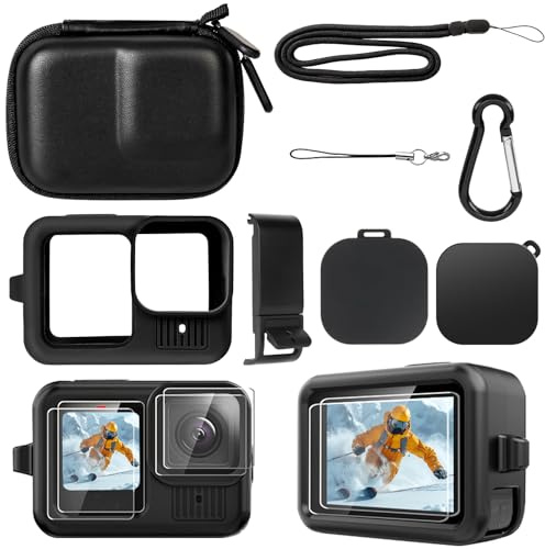 Kit de Protección y Almacenamiento para Go Pro Hero 13, Mini Estuche Rígido Negra + Funda Protectora de Silicona + Tapa Lateral de Batería Intercambiable + Protector de Pantalla + Tapa de Lente